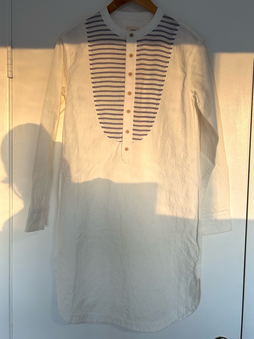 American Rag Cream Long Sleeve Tunic Dress with Navy Stripe Bib